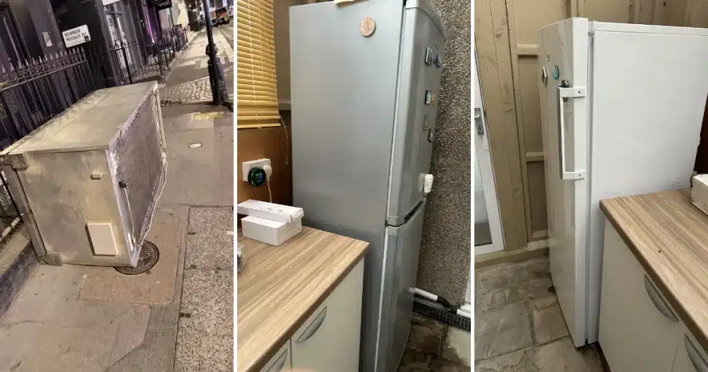 Three old fridges collected by Waste Collectors in London: an American fridge on the street, a fridge freezer and a tall fridge